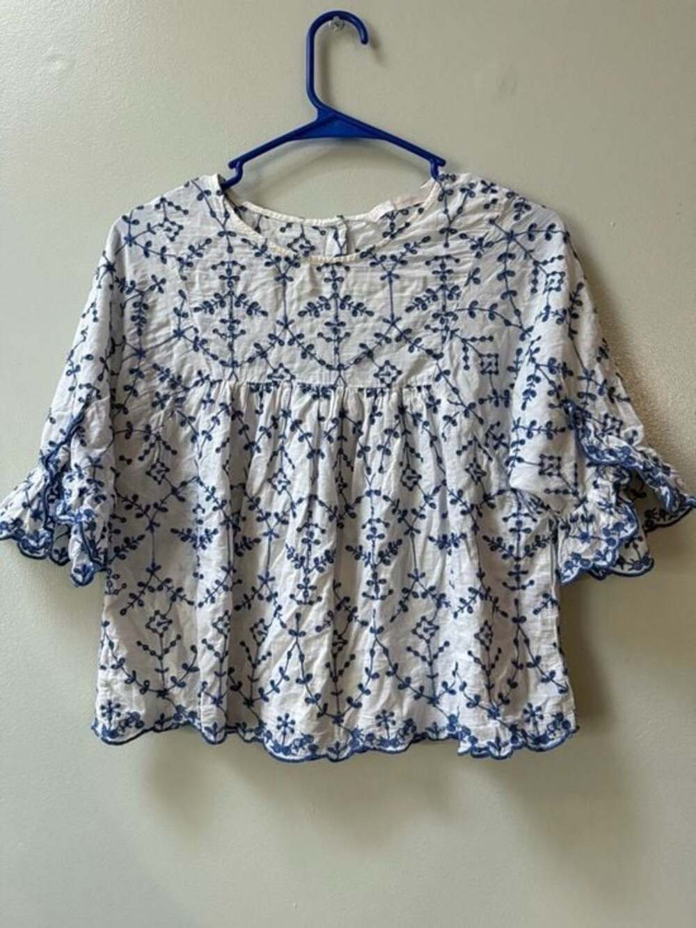 Zara Embroidered Eyelet Boho Peasant Top White Blue Small Coastal Mediterranean